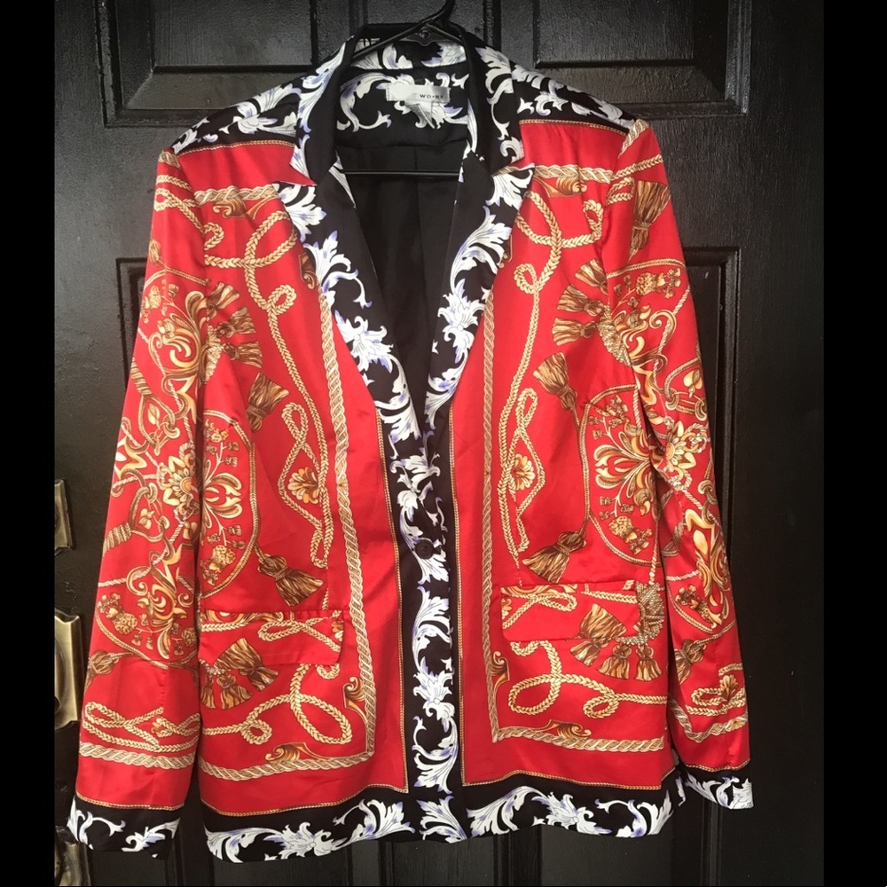 WD.NY Baroque Print Blazer – Red & Black Gold Chain Pattern – Statement Jacket S